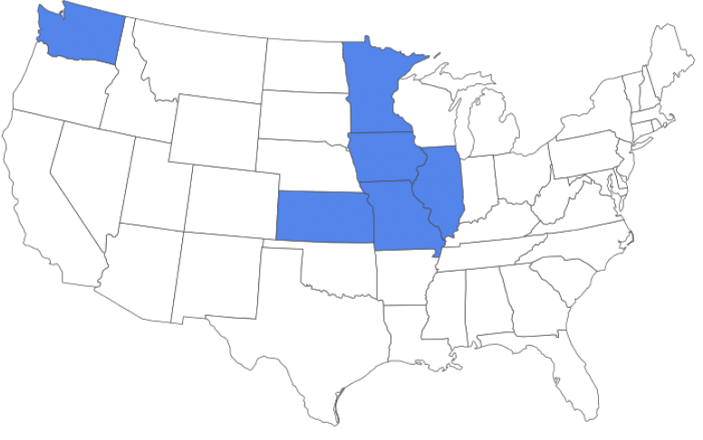 USA Map with Washington, Minnesota, Iowa, Missouri, Kansas and Illinois colored in.