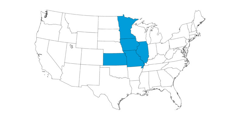 USA map with Minnesota, Iowa, Missouri, Illinois and Kansas shaded in.